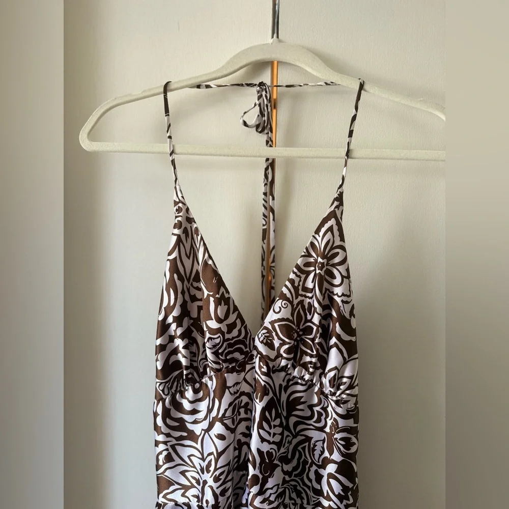 Vintage Y2K 2000s Alyn Paige Brown and White Floral Halter Mini-Midi Dress - Picture 2 of 6